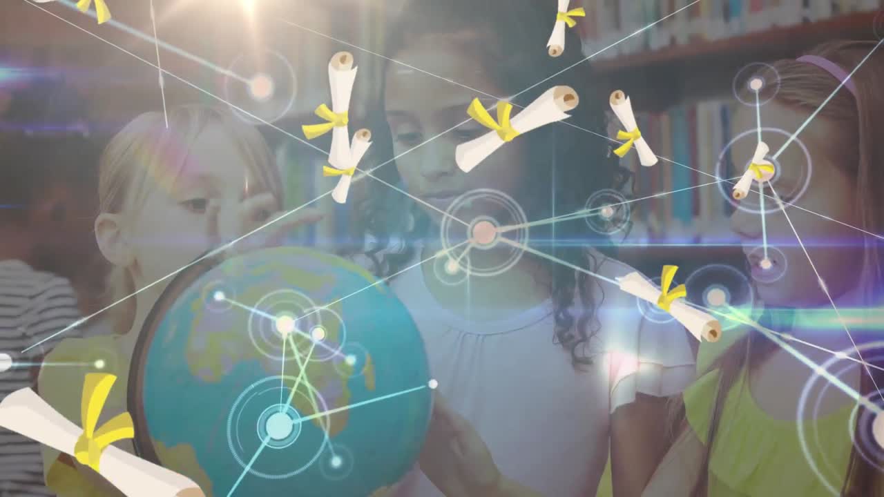 다양한 학교 학생들에 대한 연결 네트워크와 졸업 편지 아이콘의 애니메이션