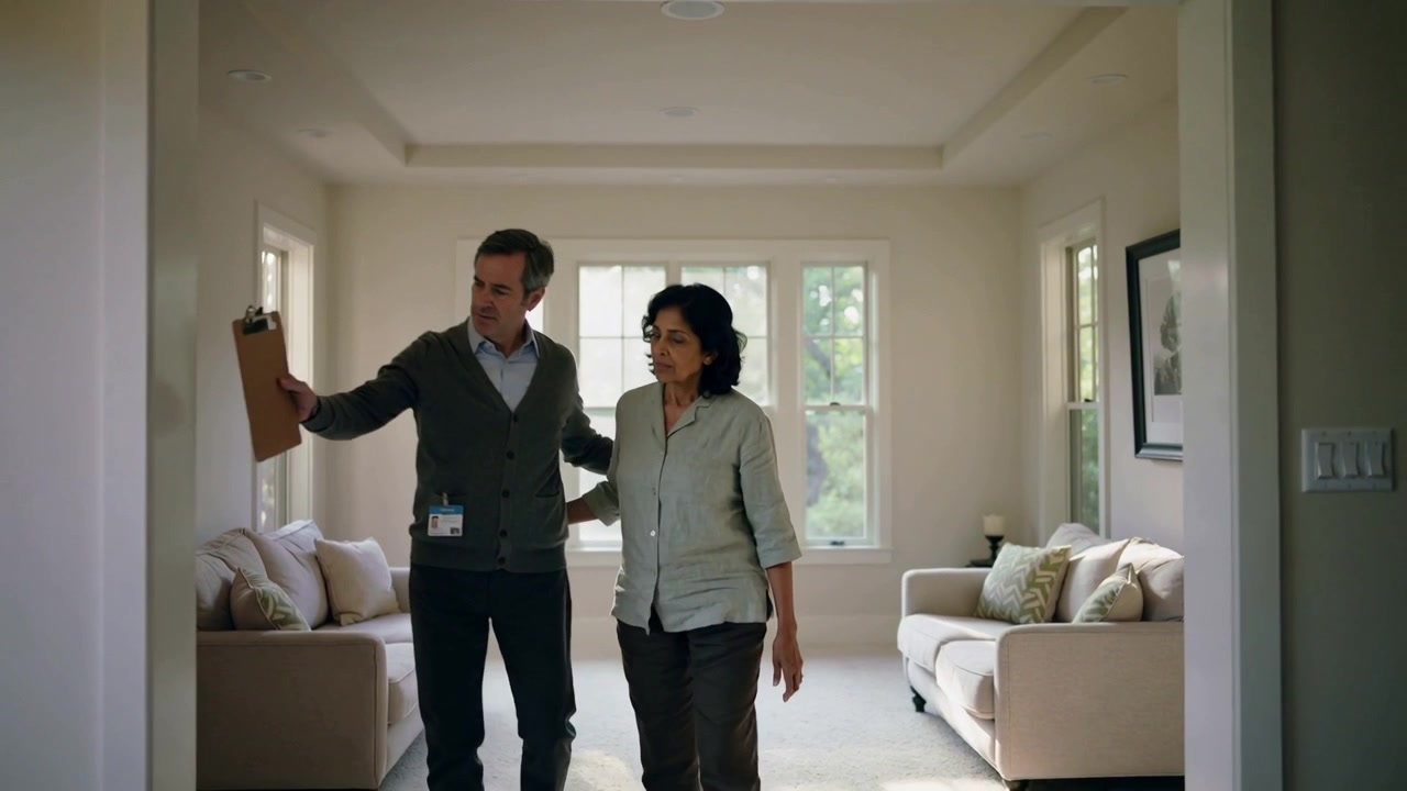 Entering cardigan agent and buyer walking into home, agent raising clipboard, showing features