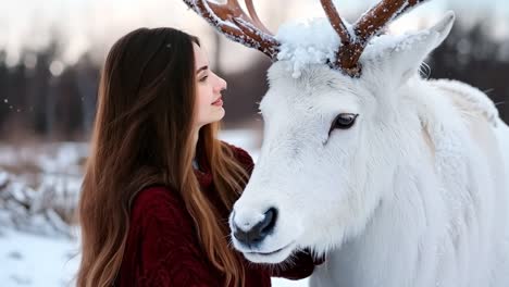 a woman in a red sweater standing next to a white deer in the snow