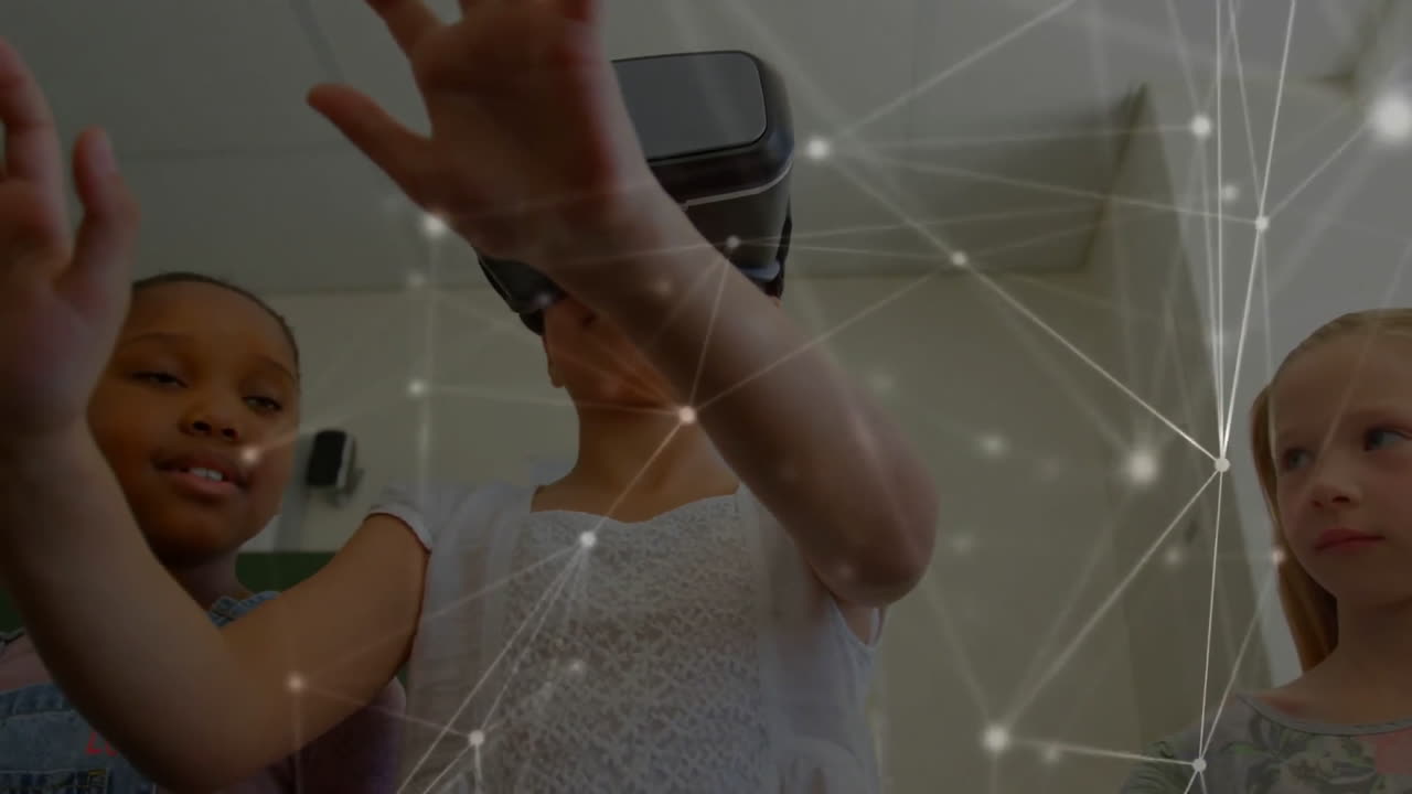 Network of connections with schoolgirl wearing VR headset