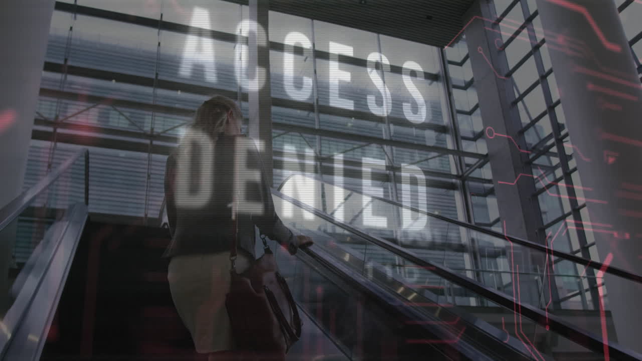 Access denied text animation over person on escalator in modern building