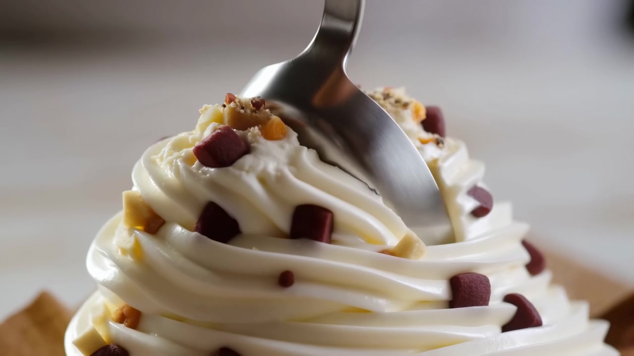 Colher de metal pressiona uma sobremesa cremosa tipo soft serve enquanto pequenos pedaços de fruta e doces se depositam em redemoinhos brancos brilhantes, criando textura rica, luz suave e um apelo apetitoso premium.