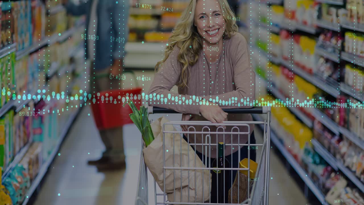 Mid adult woman pushing cart down grocery aisle, initiating dotted waveform labeling product data