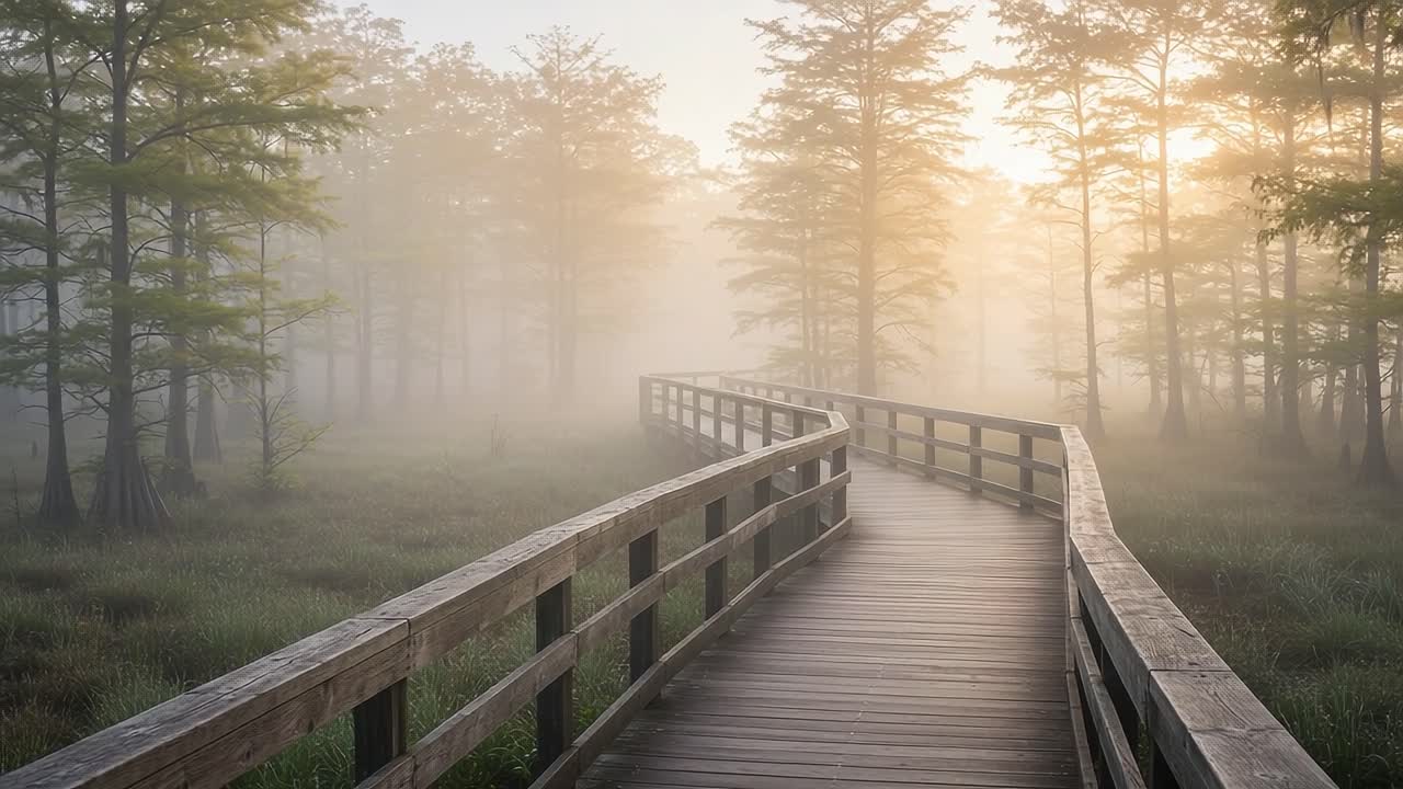 A Serene Foggy Morning Walkway Through Cypress Trees Reflecting Tranquility and Nature's Beauty at Dawn in a Mystical Forest Setting
