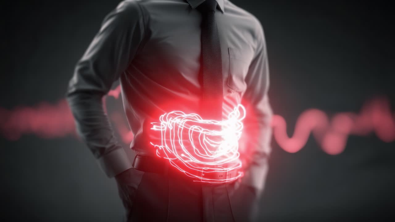 Visual Representation of Digestive Health: An Abstract Interpretation of the Human Body's Core Mechanics and Vital Systems, Showcasing a Dynamic Pulse Around the Abdomen