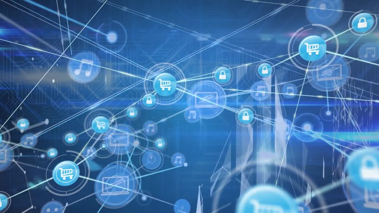 animación de la red de conexiones con iconos y procesamiento de datos a través de servidores informáticos