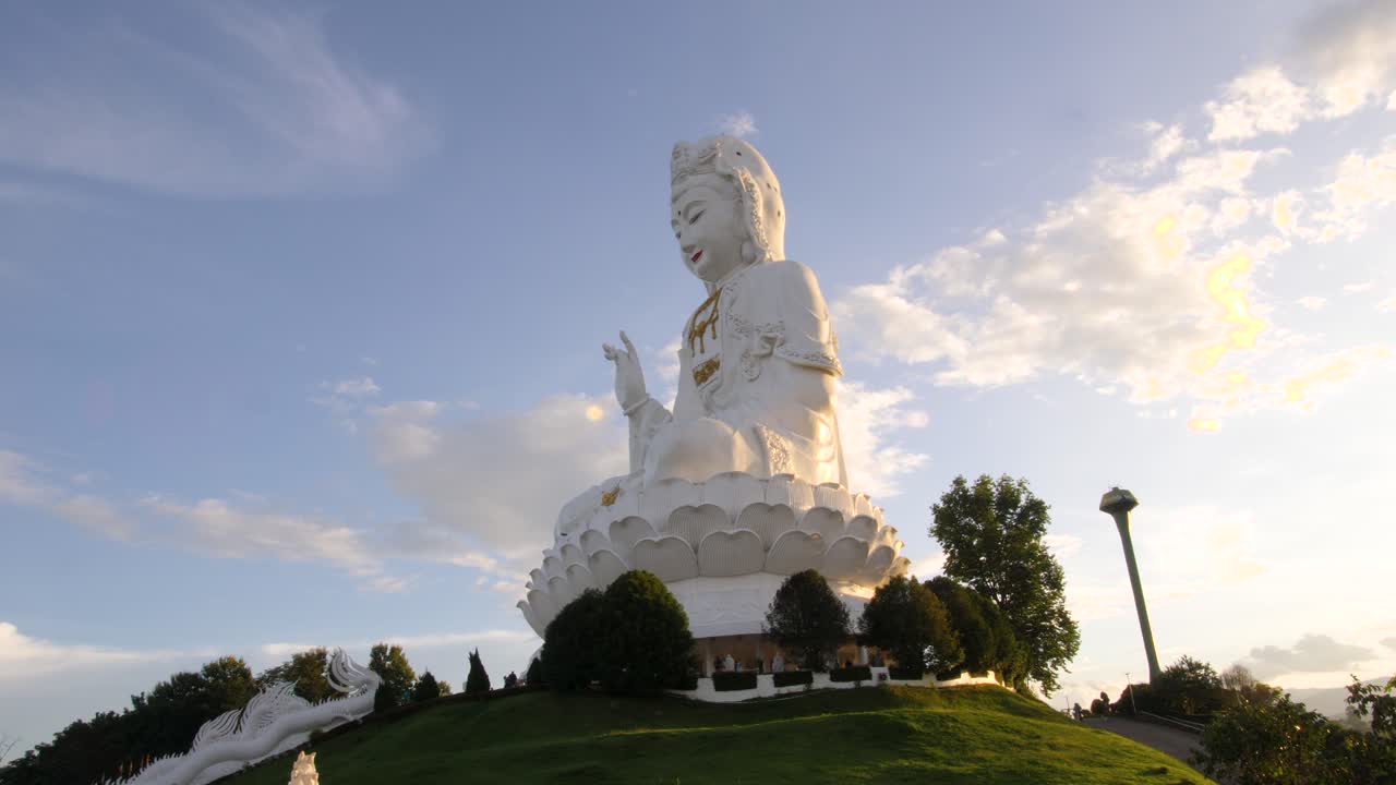 Guan Yin Statue Goddess Of Mercy At Wat Huay Pla Kang Buddhist Temple In Chiang Rai, Thailand. Low Angle Shot