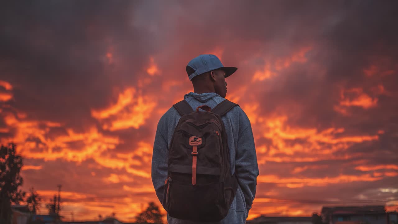 Un momento contemplativo: un giovane uomo ammira un tramonto mozzafiato, catturando la bellezza della natura e la riflessione mentre il giorno si trasforma in notte