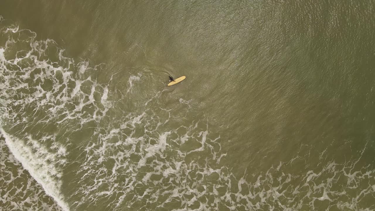 un surfista masculino entrando al oleaje del océano atlántico con su tabla en la playa de la pedrera en uruguay