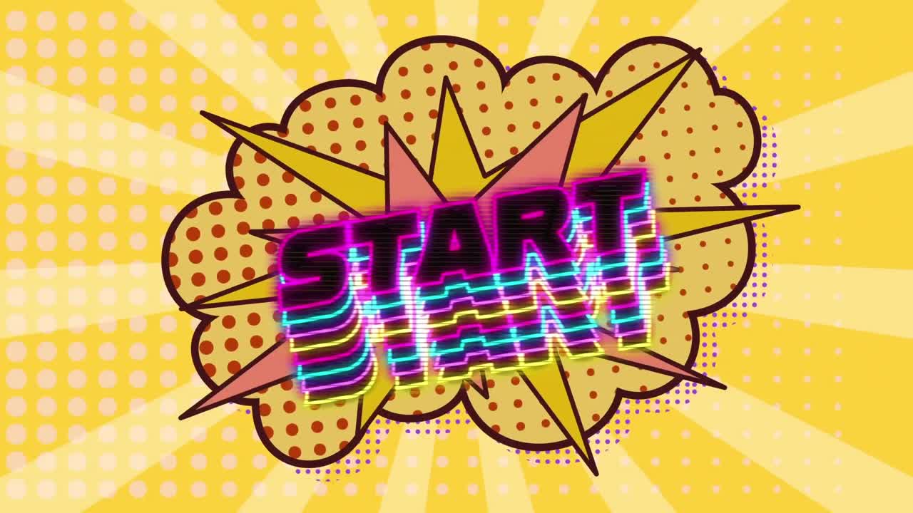 Start neon text on speech bubble against yellow background