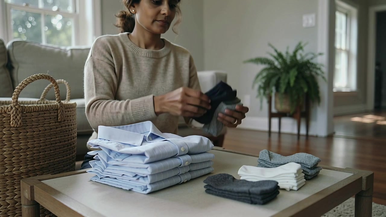 Smoothing shirts, woman in beige knit organizing socks by color on living room table, woven basket