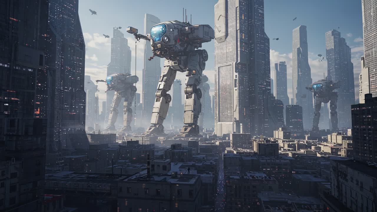 Un paesaggio urbano futuristico dominato da giganteschi camminatori robotici, con imponenti grattacieli che si stagliano sullo sfondo, mostrando tecnologia avanzata in un vasto ambiente urbano.