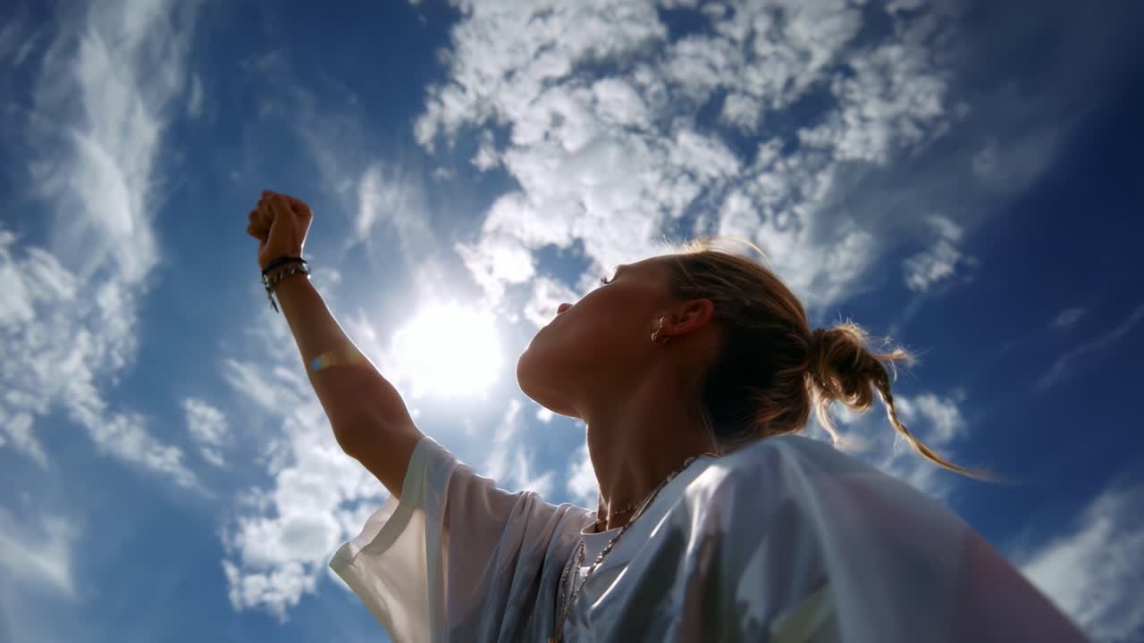 A person triumphantly raising their arm towards the bright sun in a vibrant sky, embodying a moment of joy, empowerment, and connection with nature amidst beautiful clouds