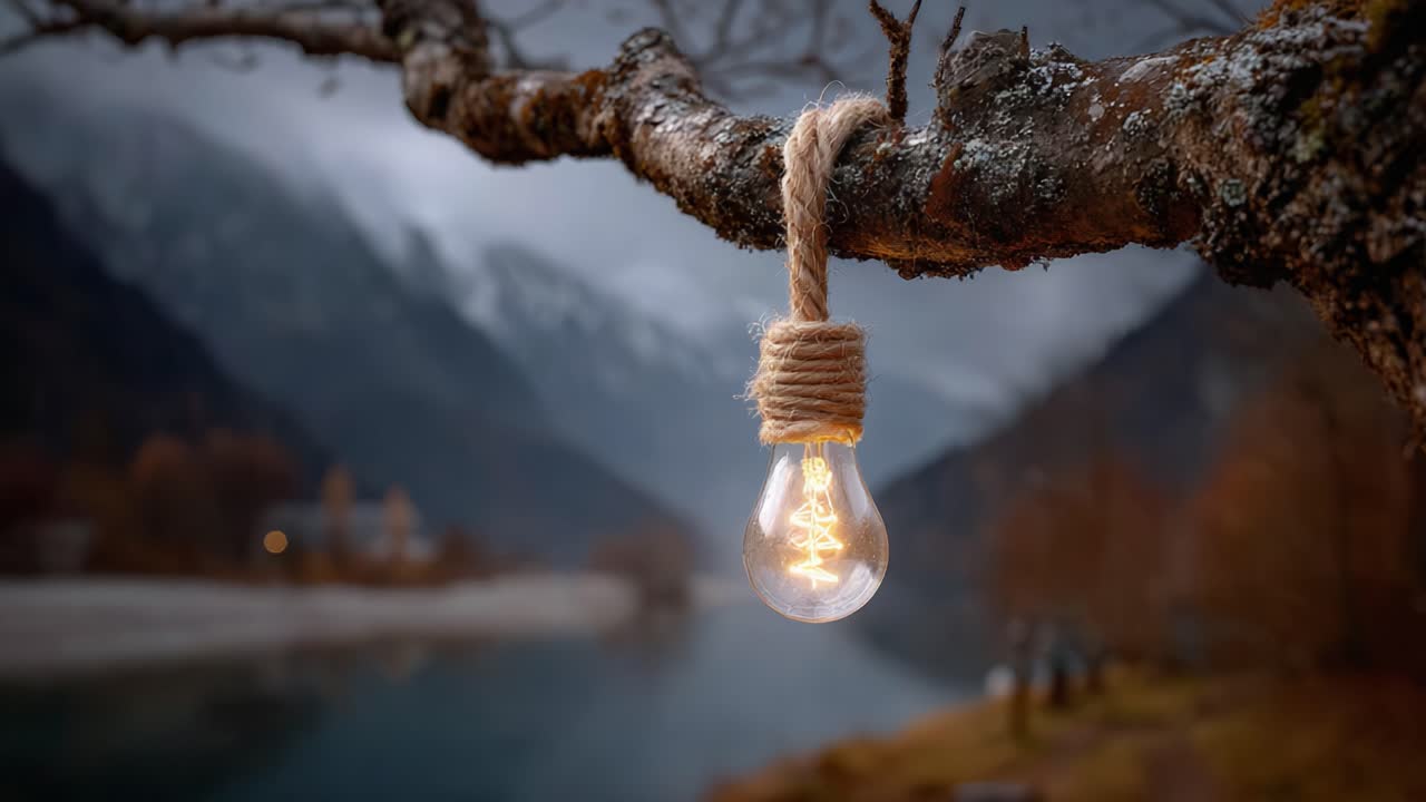 A Captivating Light Bulb Adorned with Rope Hangs Elegantly from a Branch Overlooking a Serene Lake, Surrounded by Majestic Mountains and Tranquil Landscape Ambiance