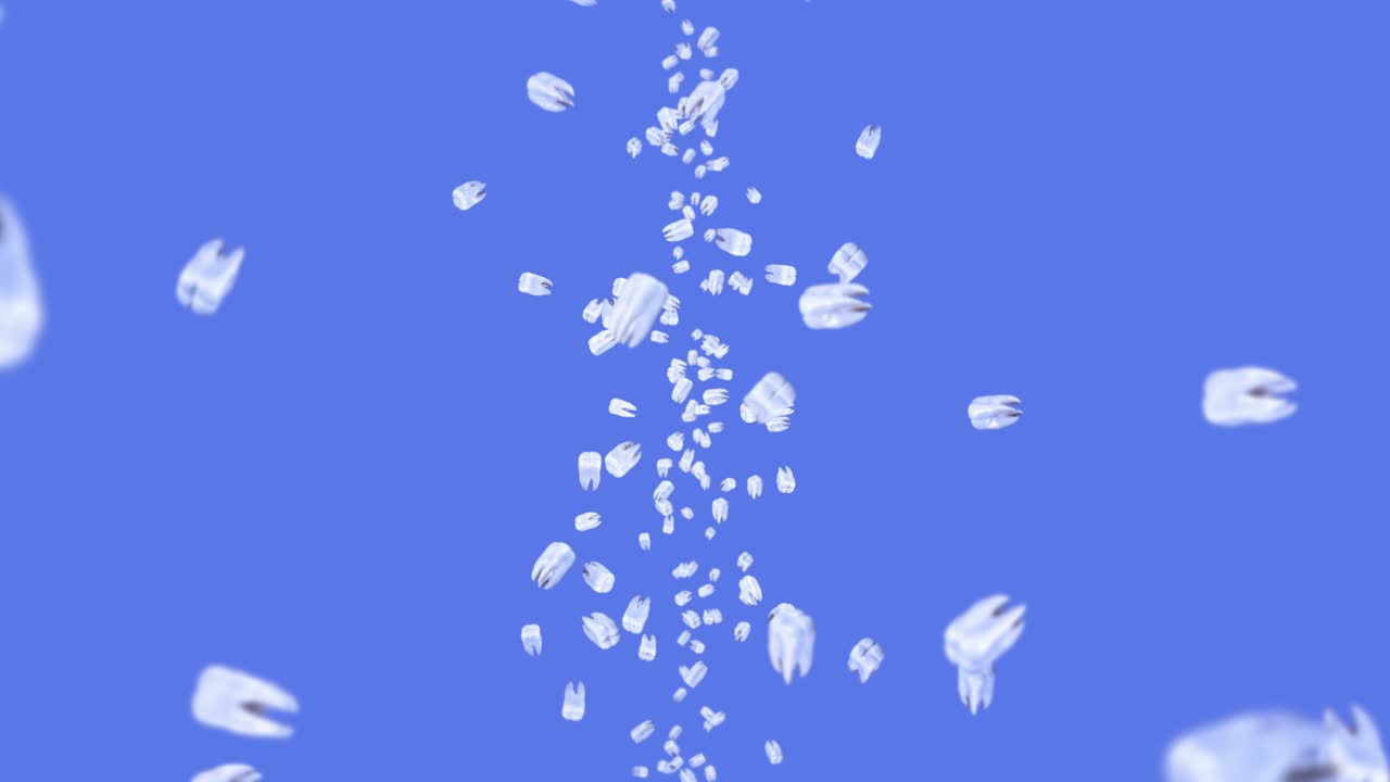 파란색 바탕에 많은  이빨을 날아. 치과 관리 개념. 치아 회전의 3d 애니메이션. 루프 애니메이션.