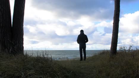 Back-view-of-caucasian-male-exploring-nordic-seaside-forest,-man-standing-alone-in-the-coastal-pine-forest,-sunny-day-with-clouds,-healthy-activity-concept,-distant-wide-shot