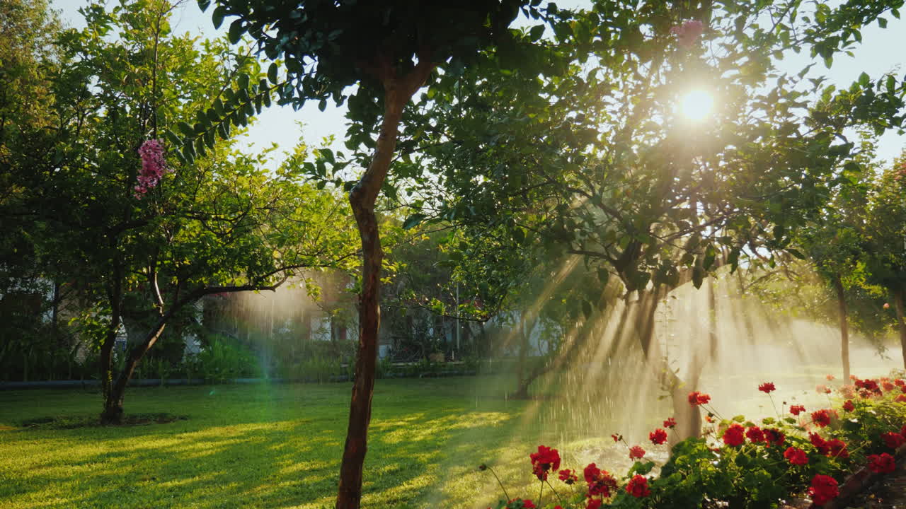 I raggi del sole illuminano un piccolo giardino con alberi da frutto e fiori dove il sistema di irrigazione