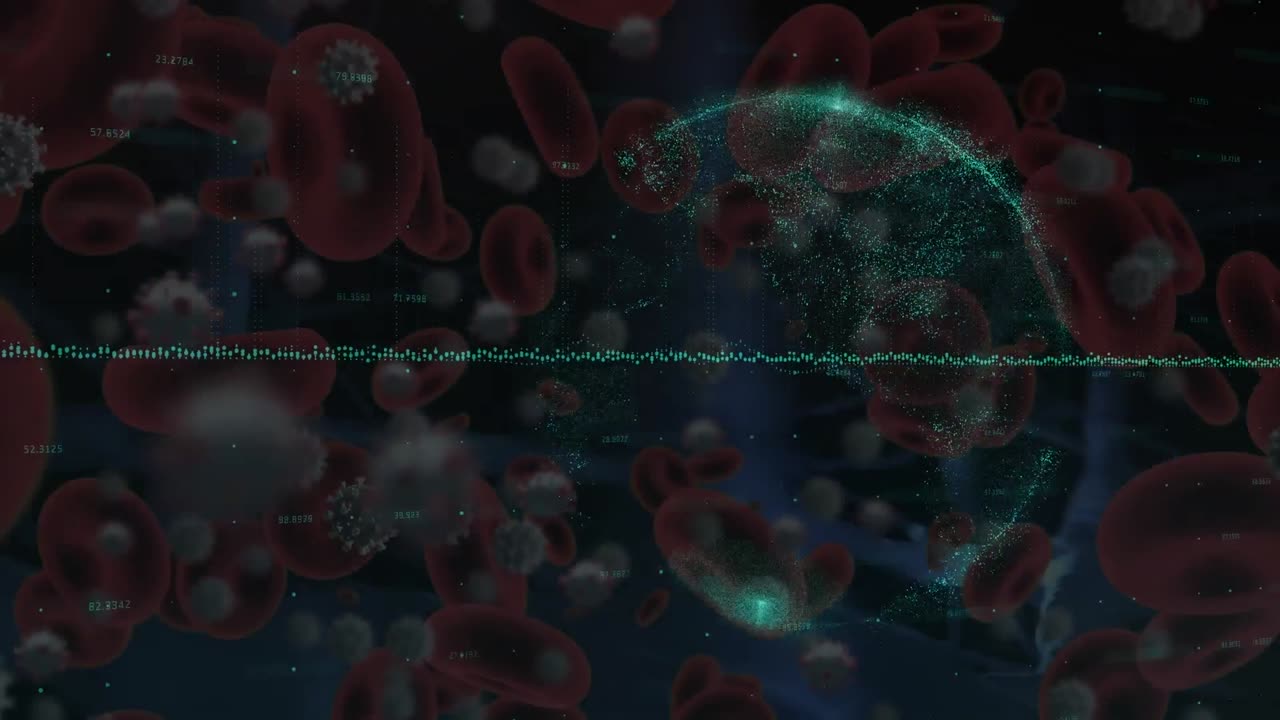 animación del procesamiento de datos sobre células de virus y globo