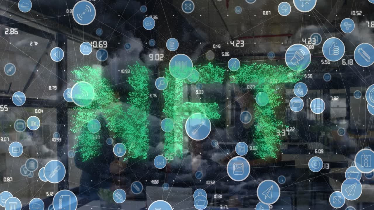 사무실에서 일하는 다양한 사람들에게 디지털 아이콘 네트워크와 nft 텍스트 배너의 애니메이션