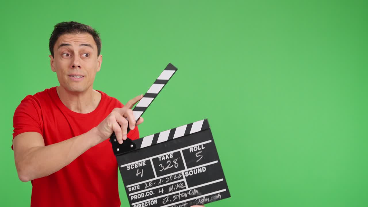 Filmmaker using clapperboard on green screen background