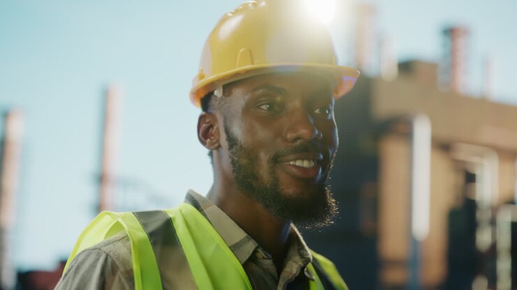 Portrait of a Black Male Construction Worker or Engineer at an Industrial Site