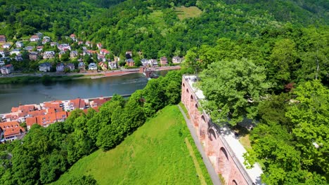 4k aerial drone video of gardens surrounding the historic castle on königstuhl hill overlooking heidelberg, germany along the neckar river