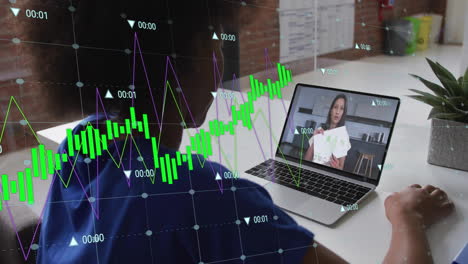 animación de procesamiento de datos financieros sobre una mujer de negocios afroamericana haciendo una llamada de video