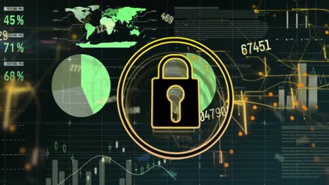 animación del candado y el procesamiento de datos financieros sobre fondo azul