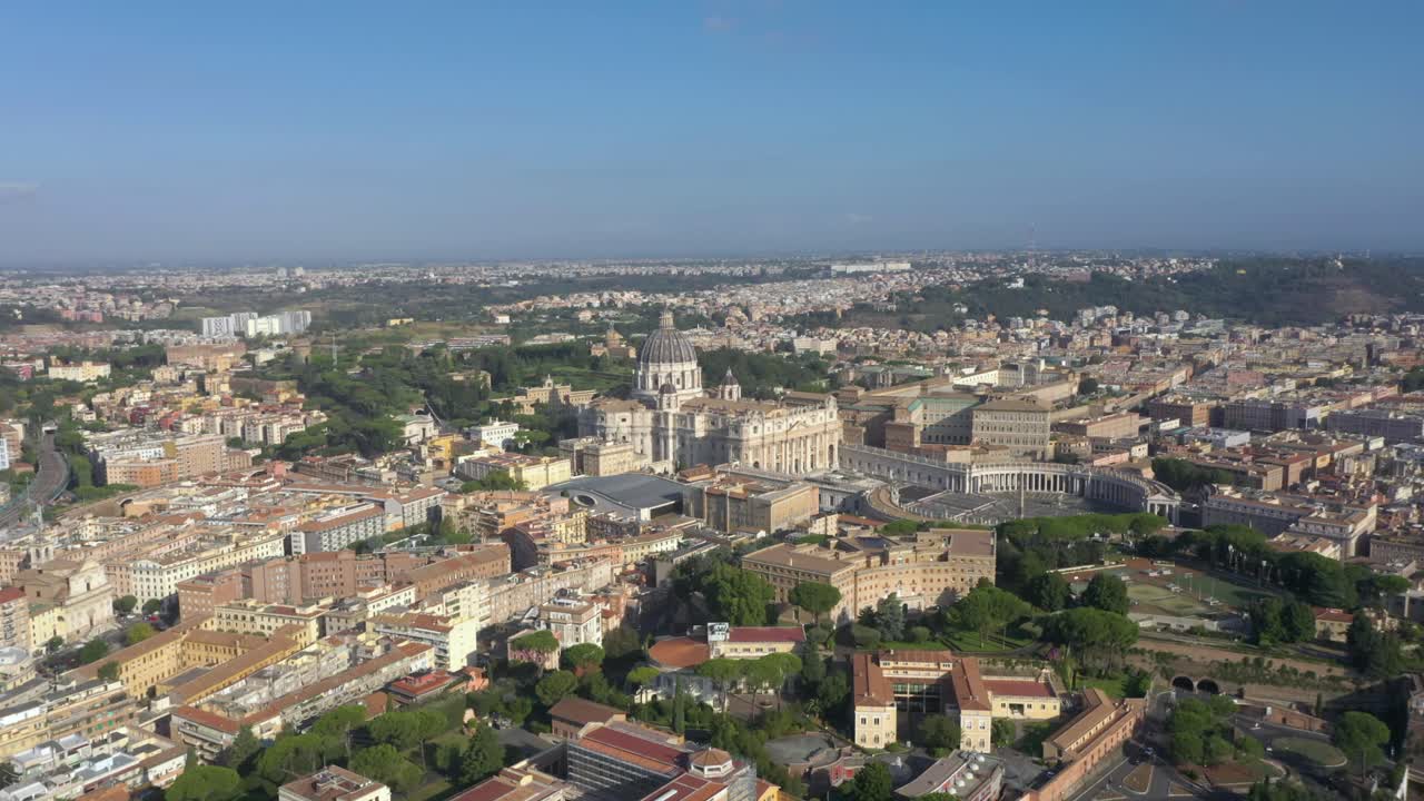 Drone flying towards the Vatican with St. Peter's Basilica, its iconic dome, and Piazza San Pietro, highlighting the magnitude of Rome’s spiritual and architectural landmark