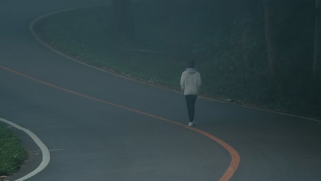 woman walking on a foggy forest road