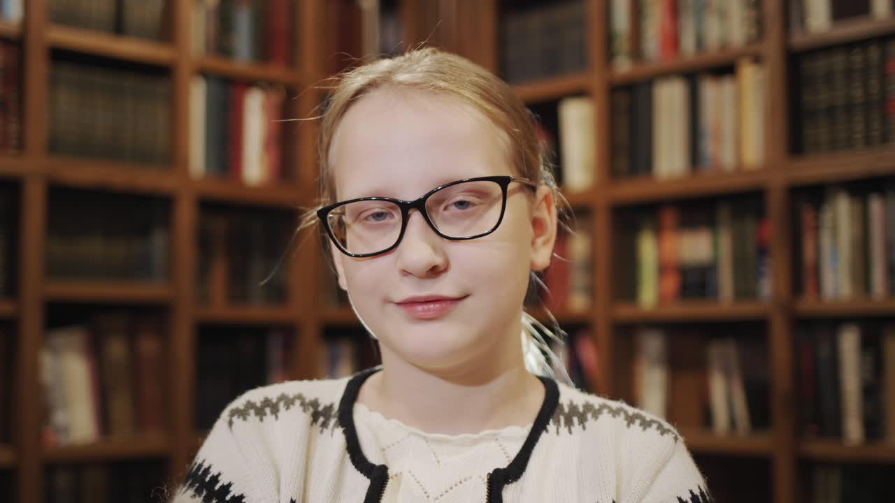 portret ucznia na tle półek z książkami w bibliotece