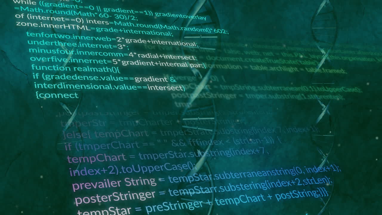 animatie van gegevensverwerking over dna-strengen op groene achtergrond