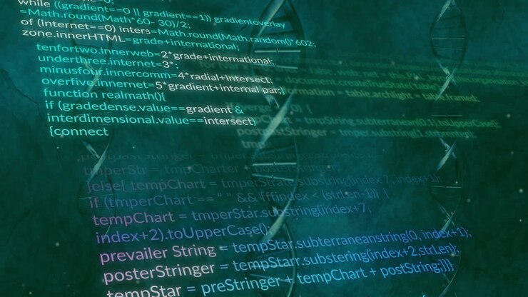 Animation af databehandling over DNA-strenge på grøn baggrund