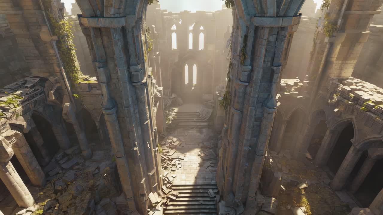 Sunlight filtering through crumbling stone walls, revealing overgrown cathedral with lush vegetation, embodying mystical atmosphere of forgotten architectural grandeur and natural resilience