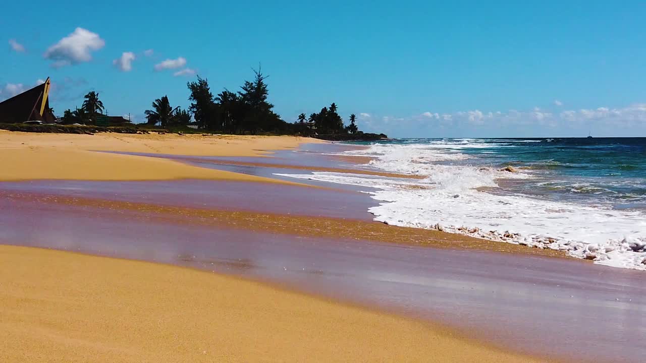 hd hawaii kauai toma de camión bajo en cámara lenta del océano a la derecha y olas que vienen de derecha a izquierda con la playa a la izquierda y árboles en la distancia con un cielo mayormente azul