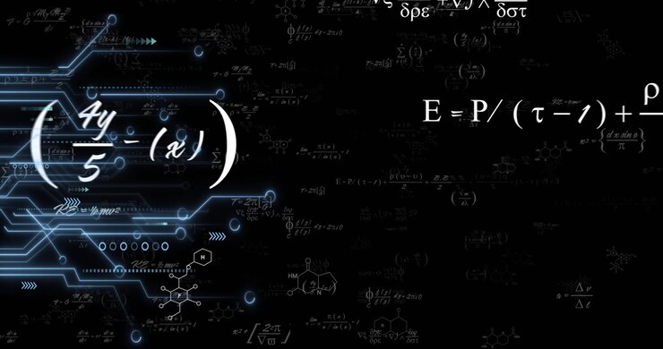 Neon blue circuit network lines glowing across black backdrop, showing math and chemical diagrams