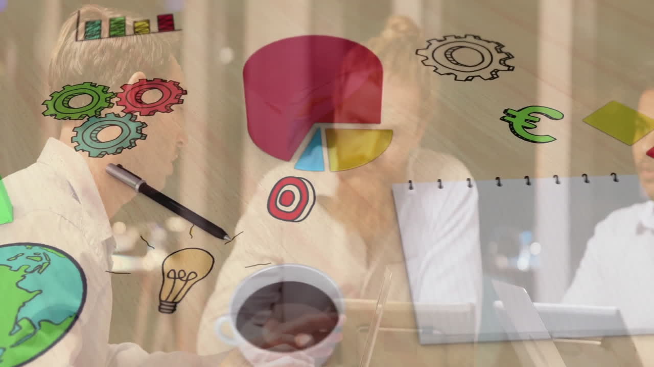 iconos de estrategia de negocios y gráficos de animación sobre la gente discutiendo en la oficina