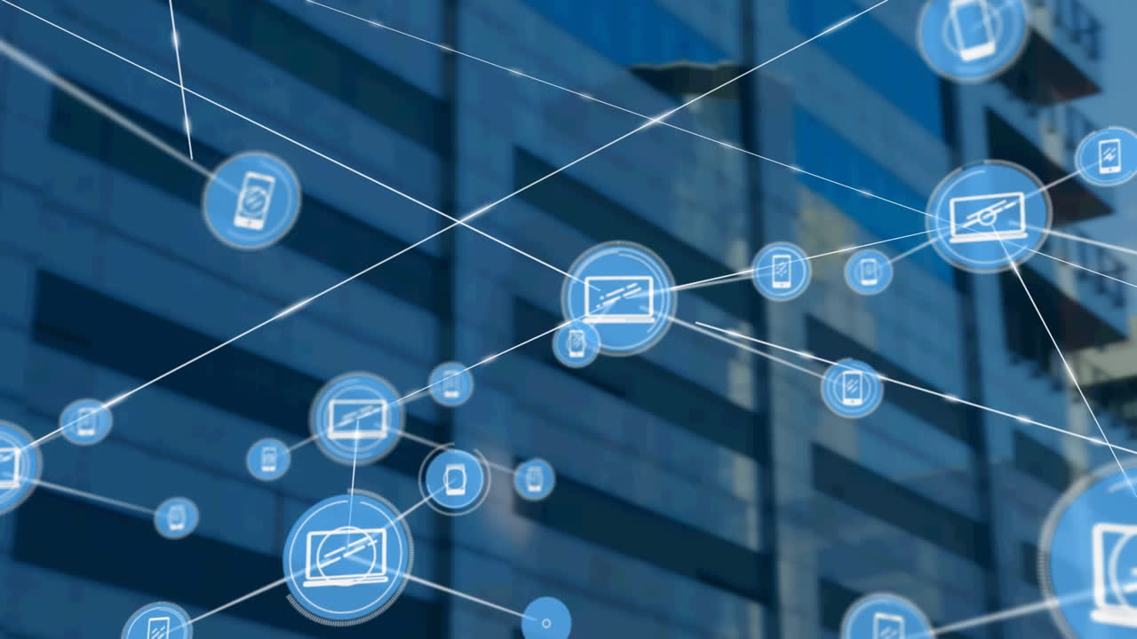 Animation of network of connections with icons over modern office building
