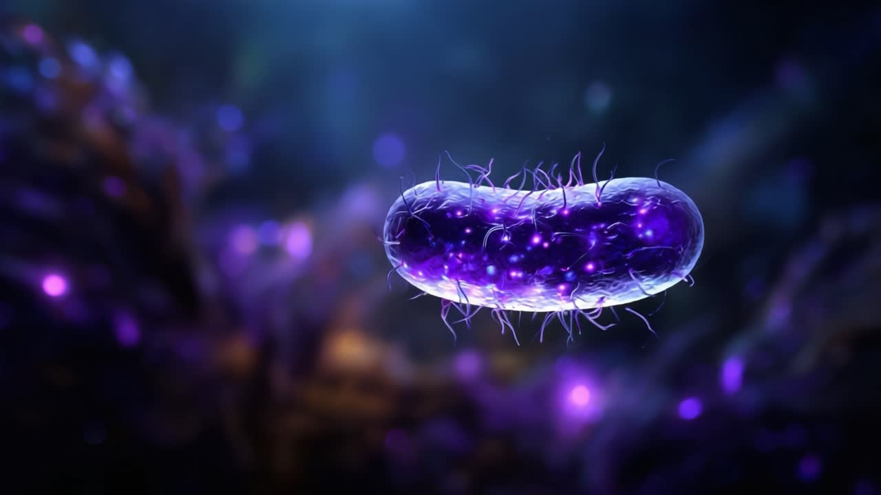 A Captivating Visualization of a Brightly Illuminated Microbial Cell Emanating Multicolored Glow Amidst a Mystical Background in a Stunning Close-Up