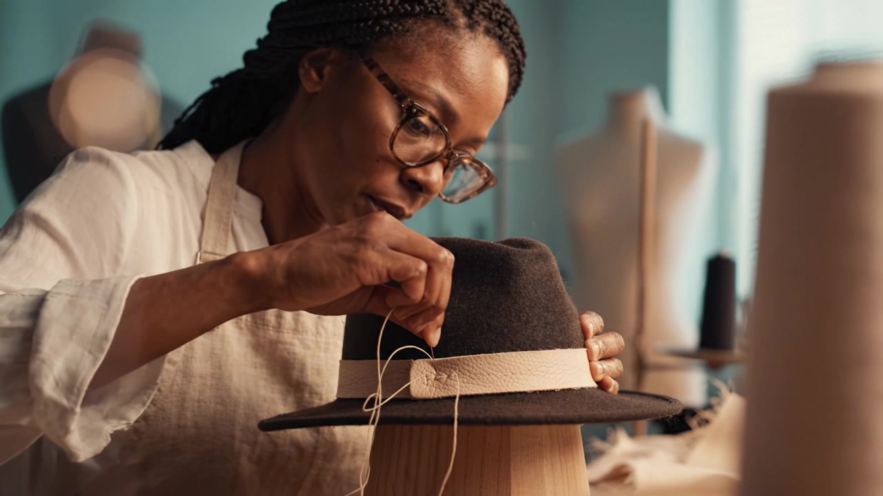 Artisan Craftsmanship: A Skilled Milliner Carefully Adds a Finishing Touch to a Beautiful Black Hat with a Light-Colored Ribbon at Her Workshop