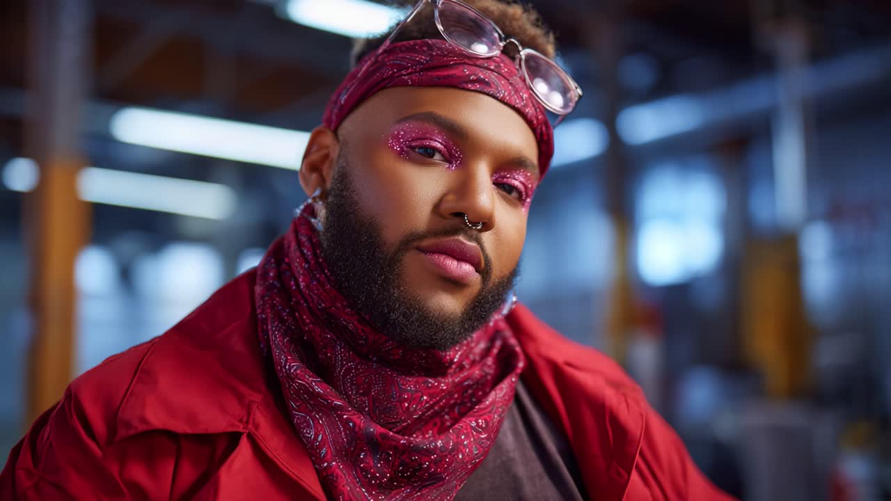 Persona sicura di sé che mette in mostra moda audace e trucco vivace in un ambiente industriale, evidenziando l'espressione artistica e scelte di stile uniche nella cultura visiva moderna