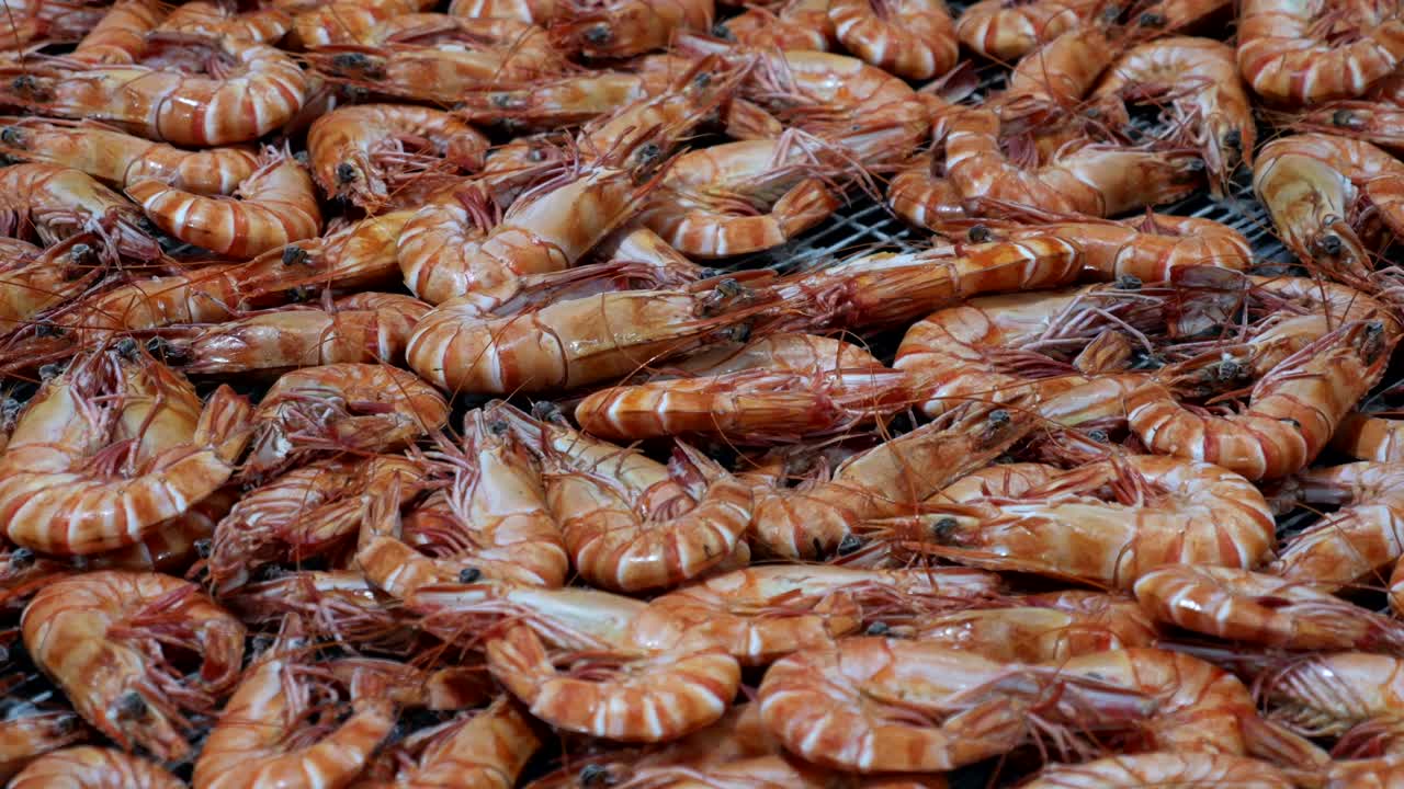 Macro shot of batch of commercial prawns along conveyor belt, ready for processing and dispatch.