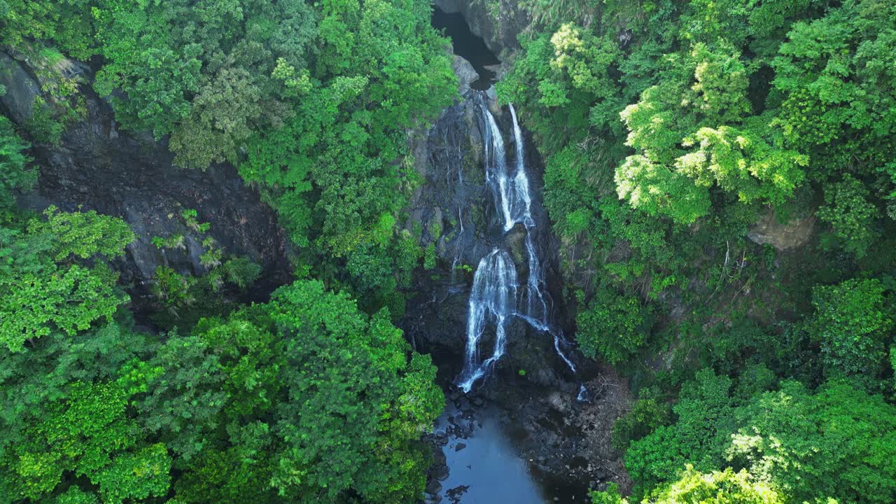 Top-down footage of a powerful jungle waterfall cascading in multiple layers down a rocky cliffside. Vibrant green forest wraps around the water like a natural frame in Balagbag Falls, Real, Quezon