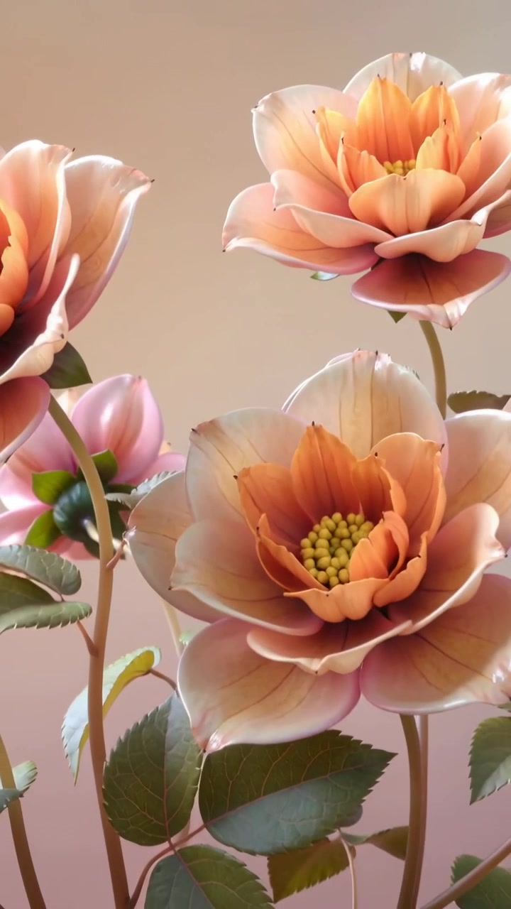 Video verticale: Telecamera che si allontana rivelando gruppi di fiori di pesco in studio, evidenziando i petali.
