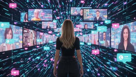 a captivating digital landscape showcasing numerous screens filled with diverse faces and social media interactions, illustrating the influence of technology on communication