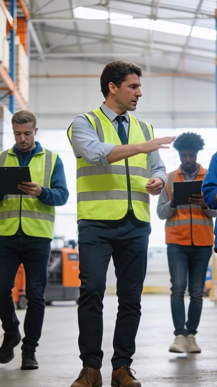 Vertical video: Leading lead in vest guiding crew along warehouse aisle using tablets for stock