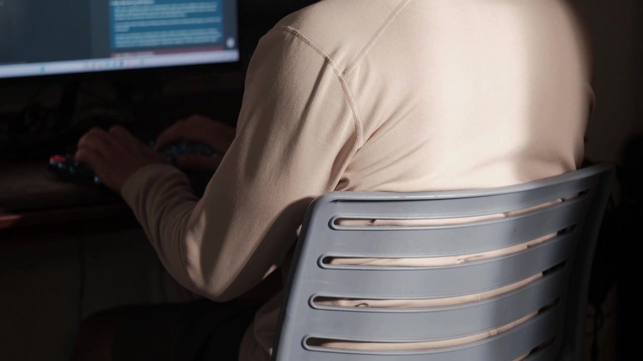 Rear static shot of a young man typing at a computer desk in a dim indoor home workspace