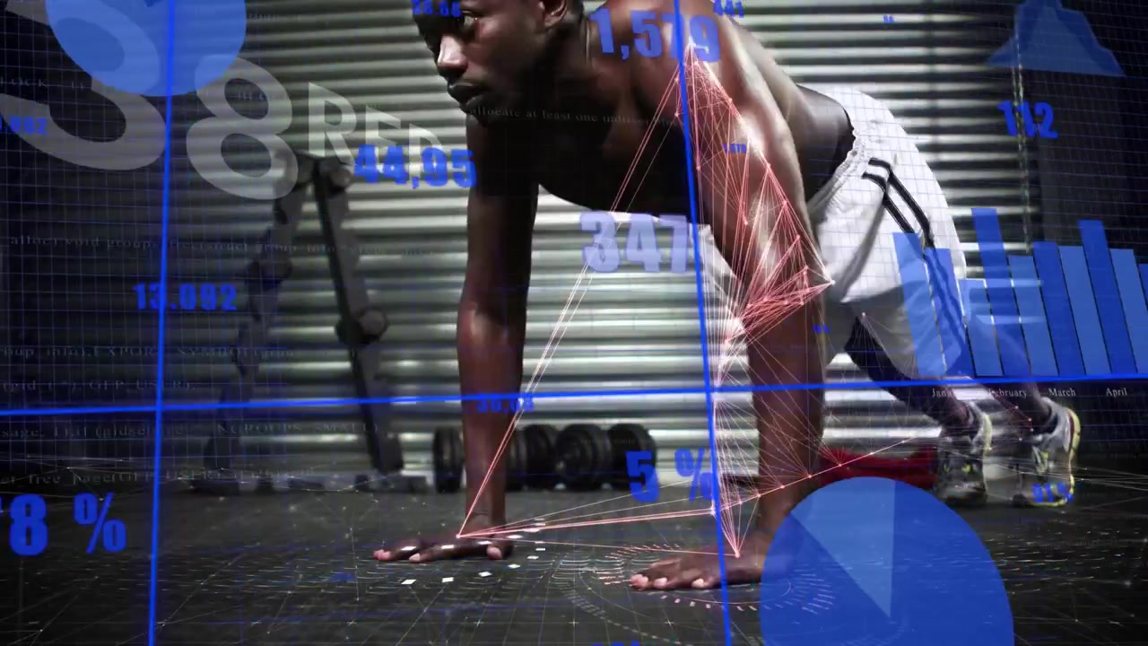 Man starting plank and doing push-ups on gym floor blue analytics tracking joint angles for fitness