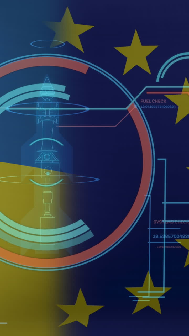 Animazione di scansione del mirino ed elaborazione dati su bandiera di Ucraina e UE