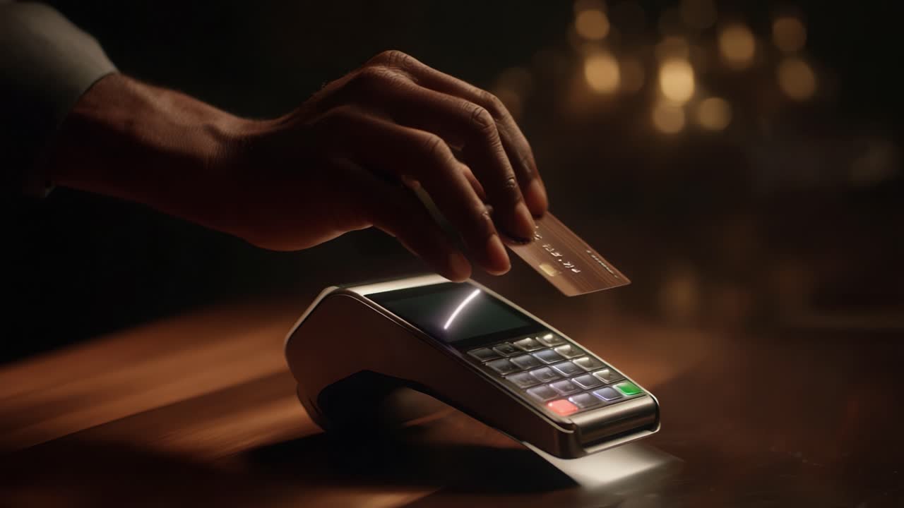 A close-up of a contactless payment transaction, showcasing a hand placing a credit card on a sleek payment terminal, capturing the essence of modern digital finance and convenience